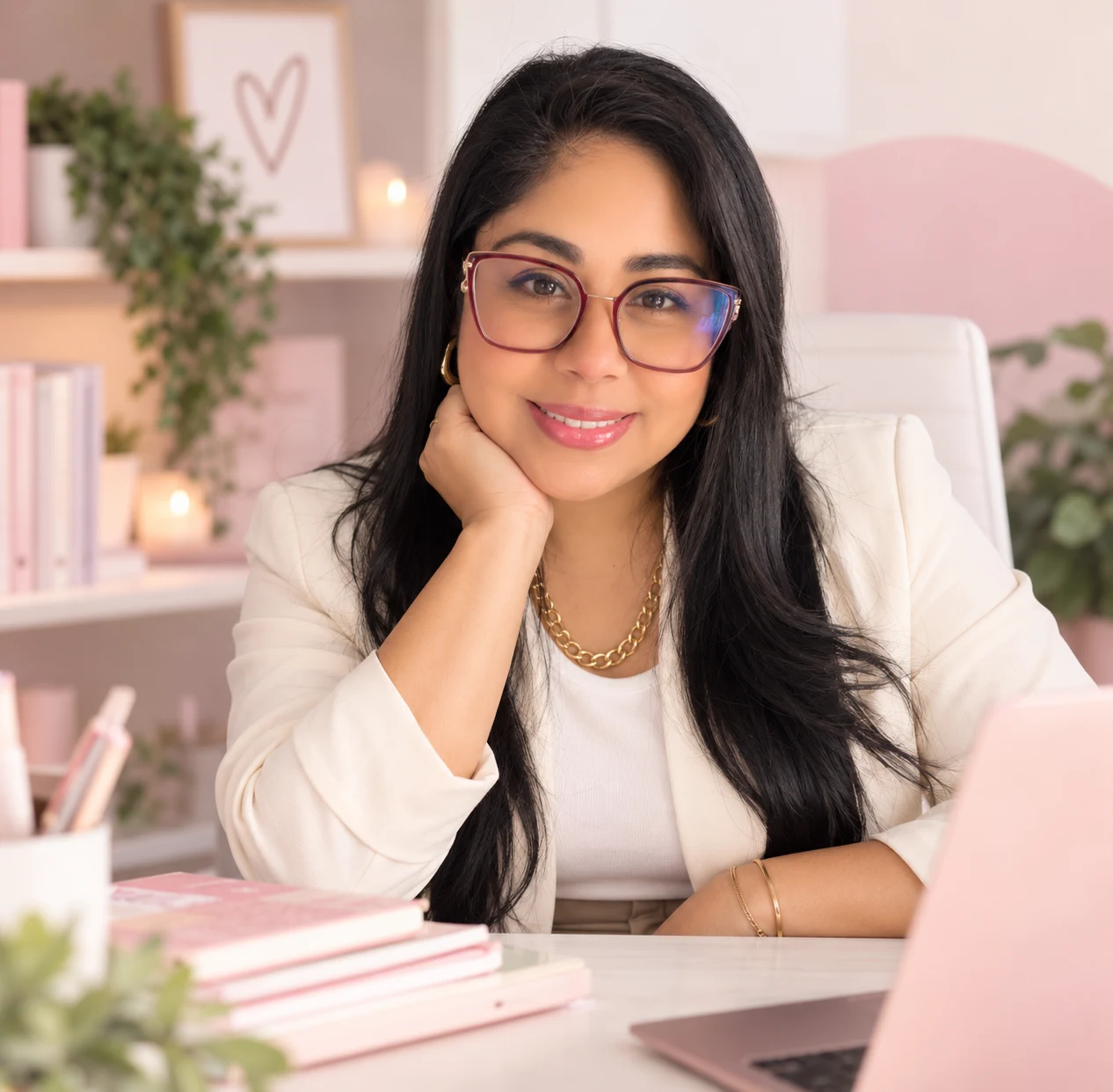 Maho Rodríguez en su escritorio, rodeada de libros y detalles rosados